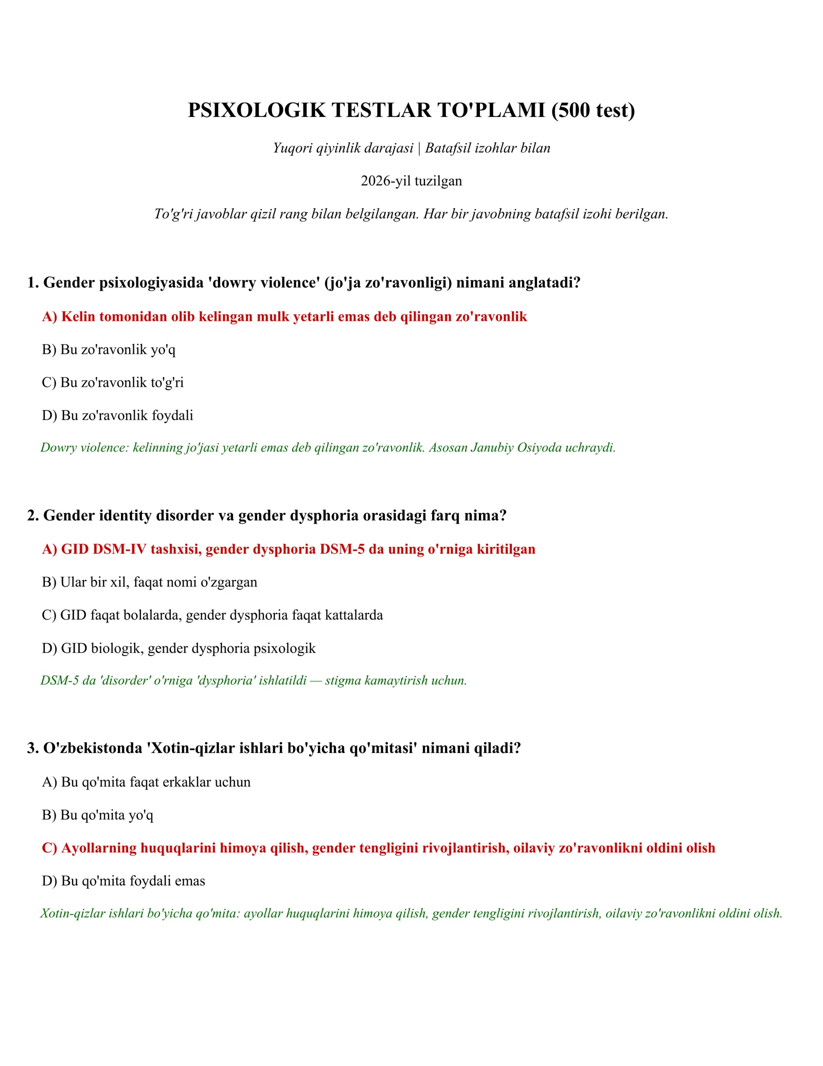 PSIXOLOGIK TESTLAR TO'PLAMI (500 test)