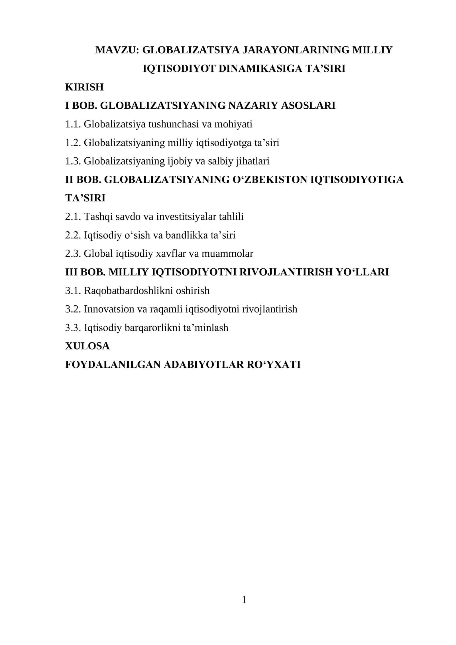 GLOBALIZATSIYA JARAYONLARINING MILLIY IQTISODIYOT DINAMIKASIGA TA’SIRI