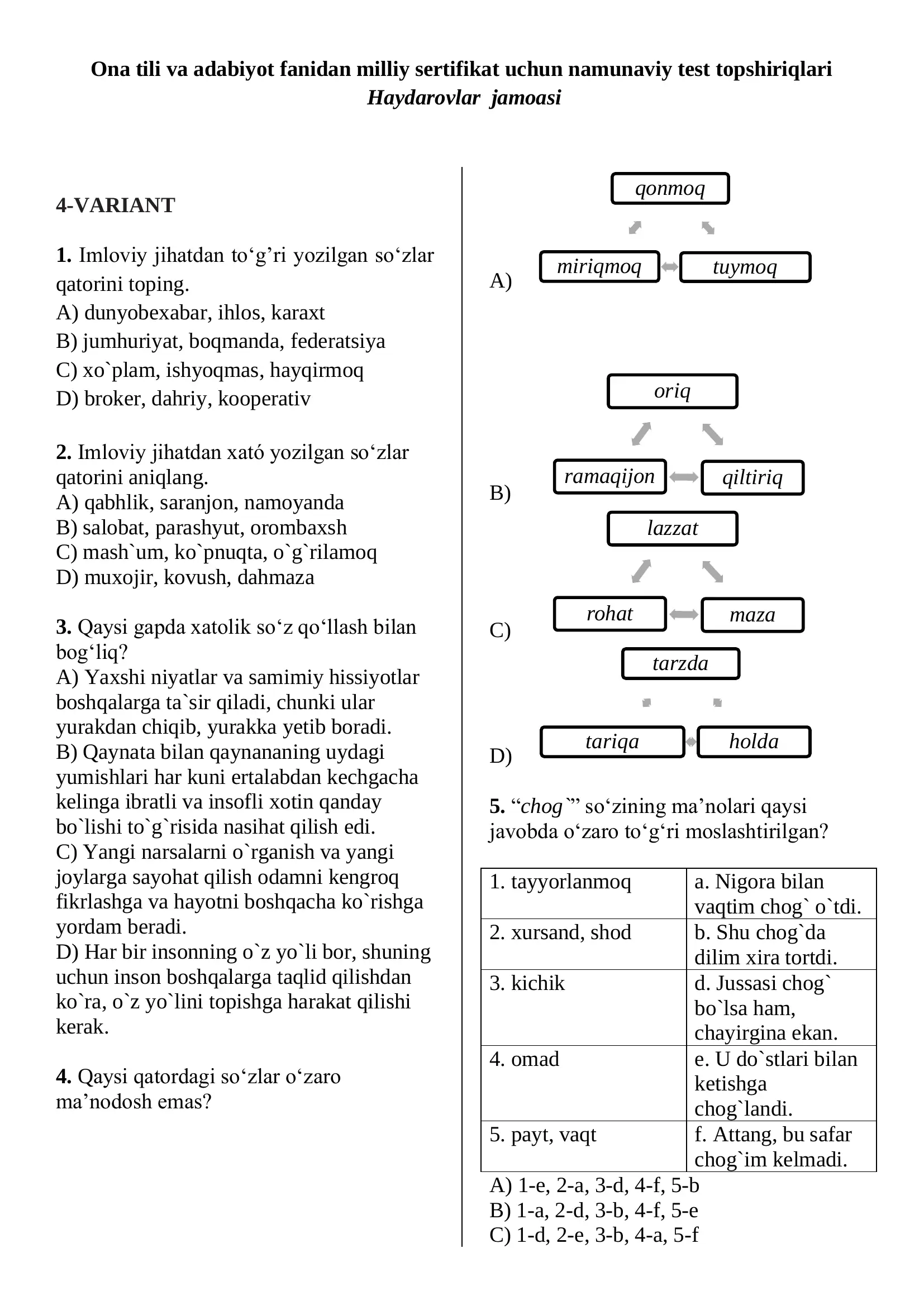 Ona tili va adabiyot fanidan milliy sertifikat uchun namunaviy test topshiriqlari 4-variant