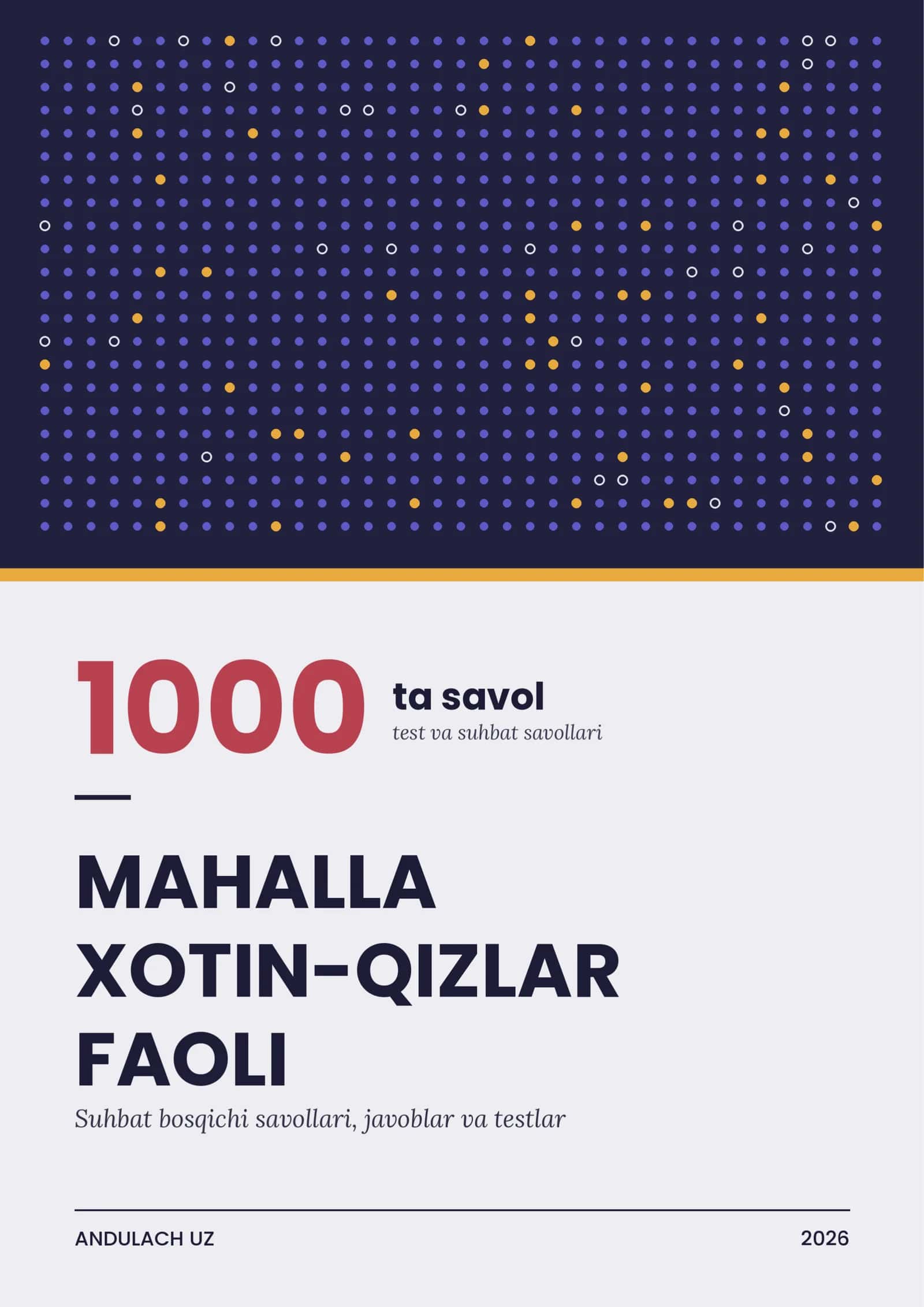 Mahalla xotin-qizlar faoli. Ishga kirish uchun suhbat savollari va testlar. Javoblari bilan birga. 1000 ta test