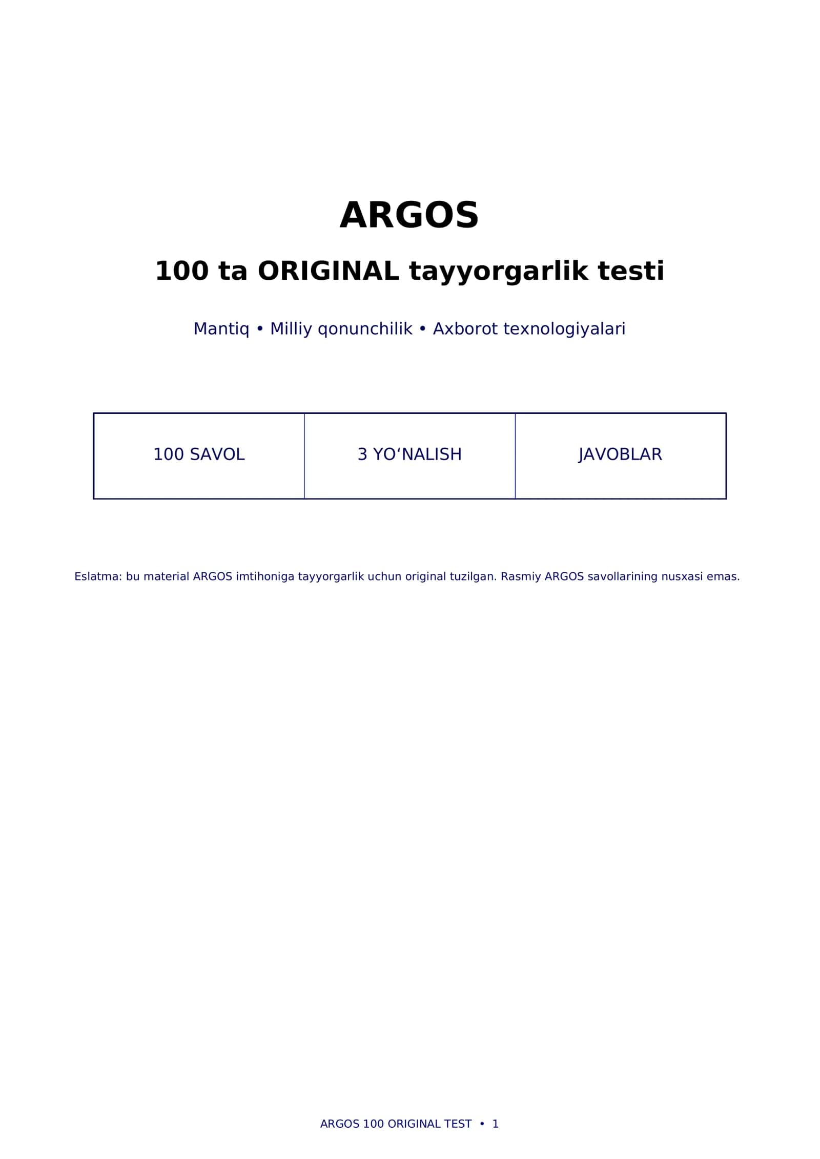 📚 ARGOS imtihoniga tayyorgarlik — 100 ta ORIGINAL test | Mantiq + Qonunchilik + IT