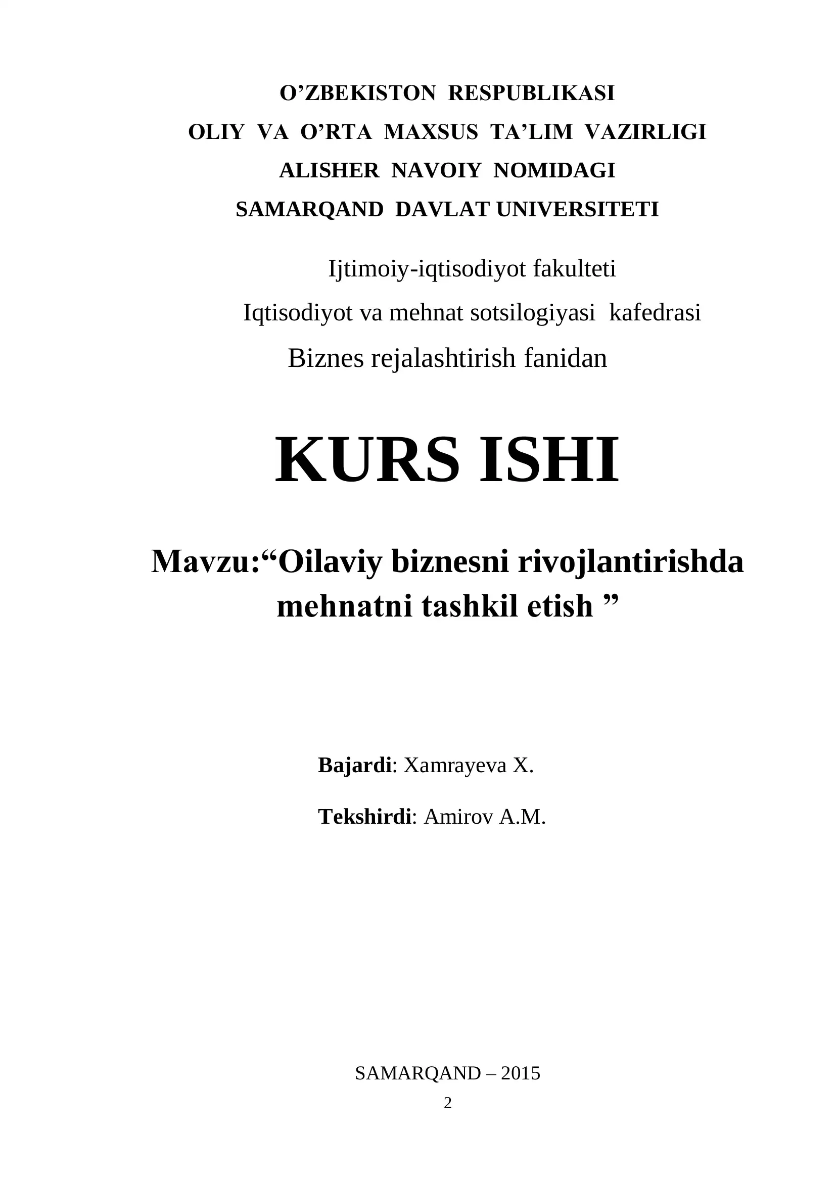 Biznes rejalashtirish fanidan KURS ISHI