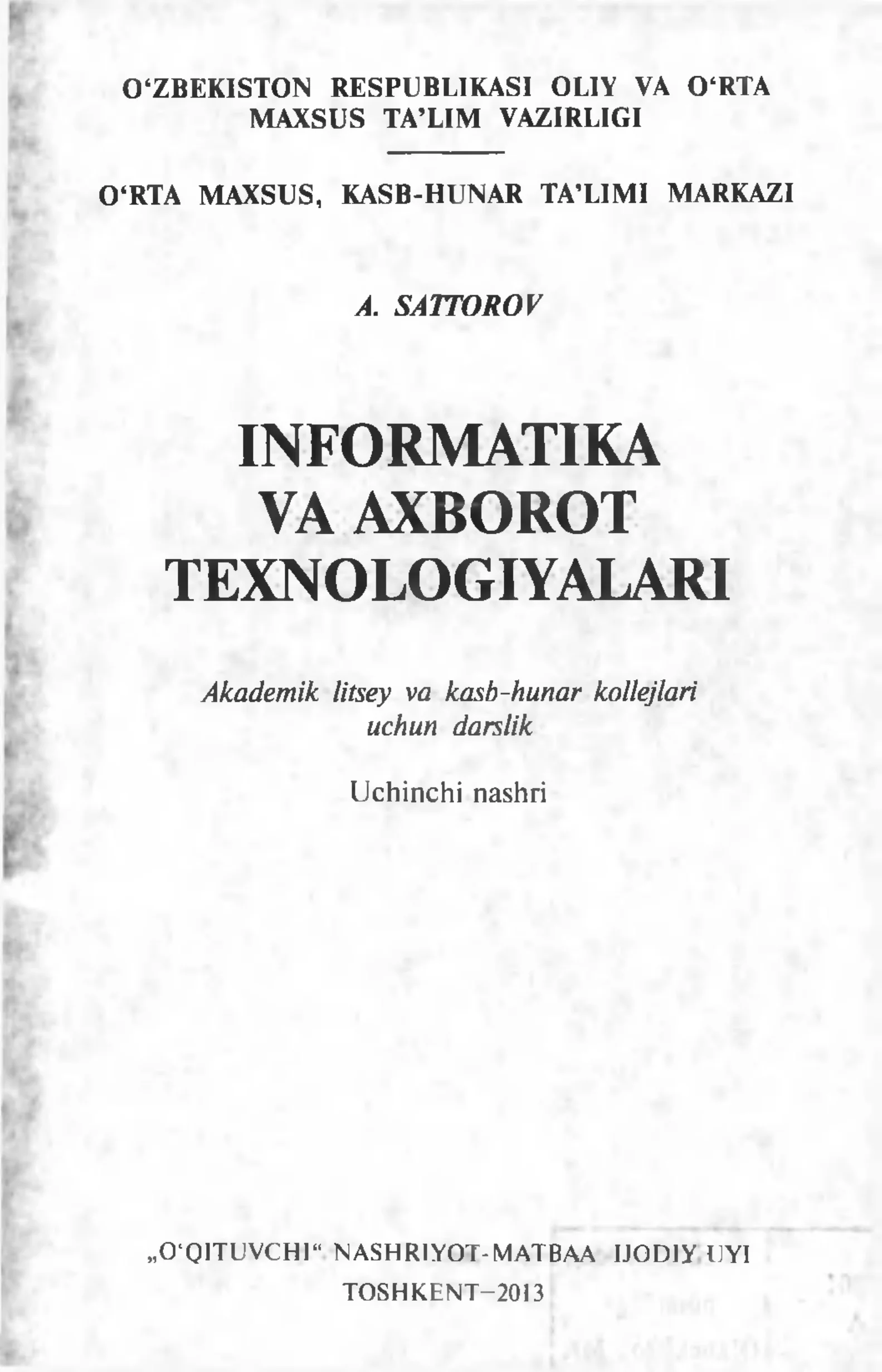 INFORMATIKA VA AXBOROT TEXNOLOGIYALARI