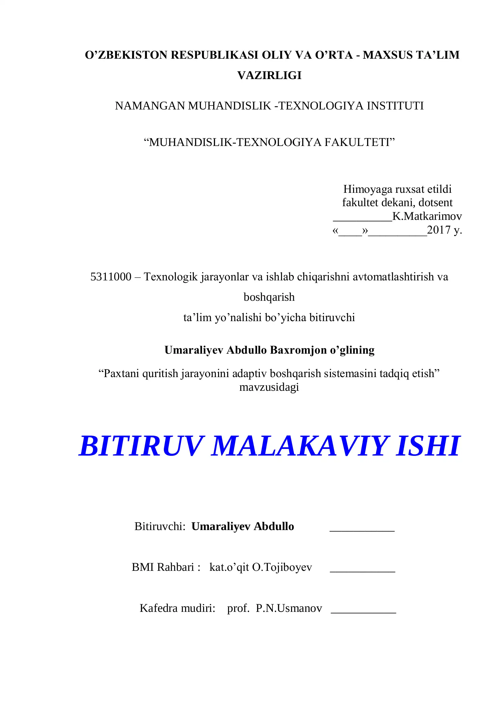 Paxtani quritish jarayonini adaptiv boshqarish sistemasini tadqiq etish