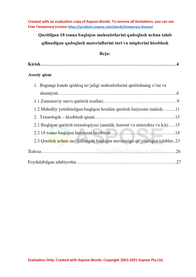 Quritilgan 18 tonna baqlajon mahsulotlarini qadoqlash uchun talab qilinadigan qadoqlash materiallarini turi va miqdorini hisoblash