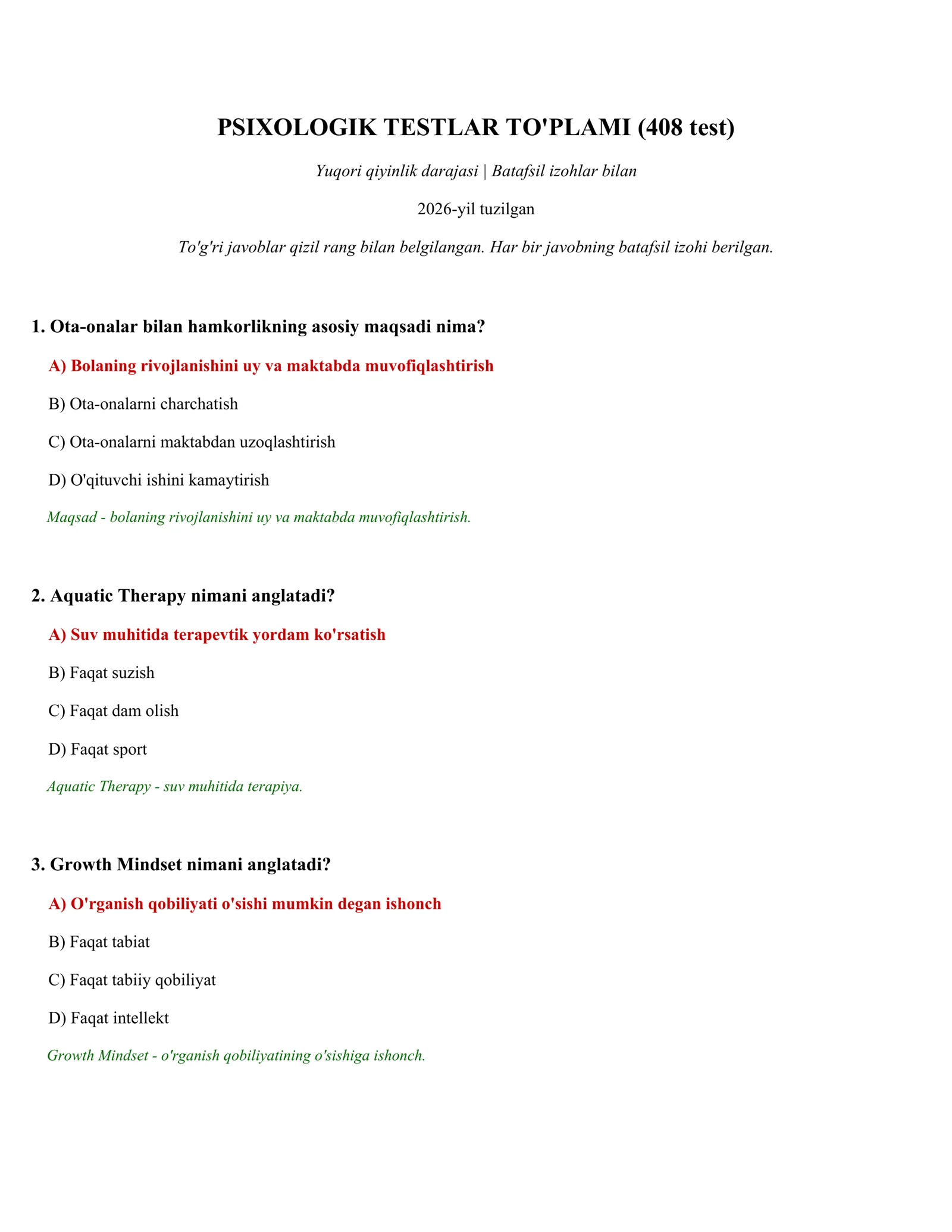 PSIXOLOGIK TESTLAR TO'PLAMI (408 test)
