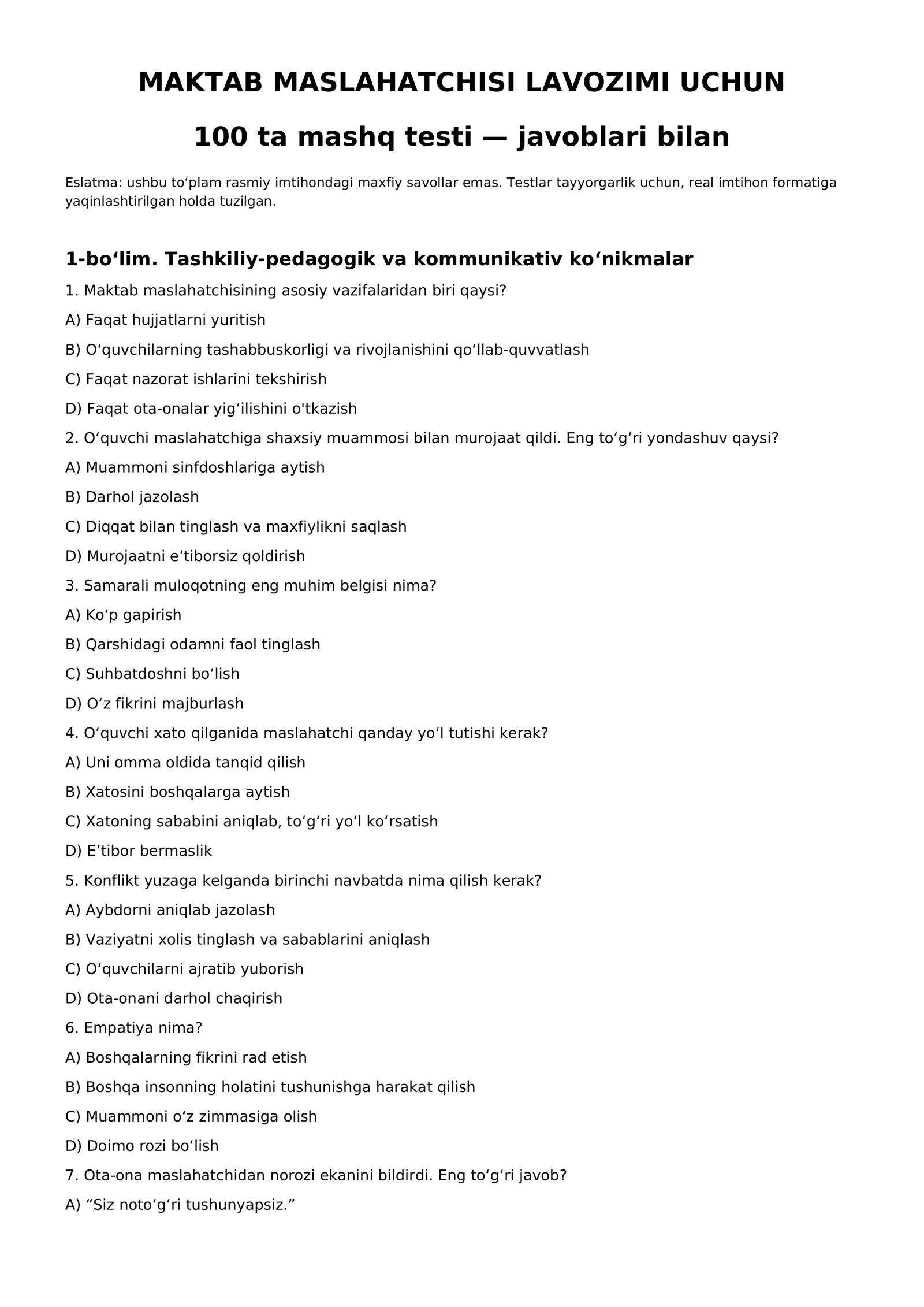 Maktab maslaxatchisi 100 ta test javoblari bilan