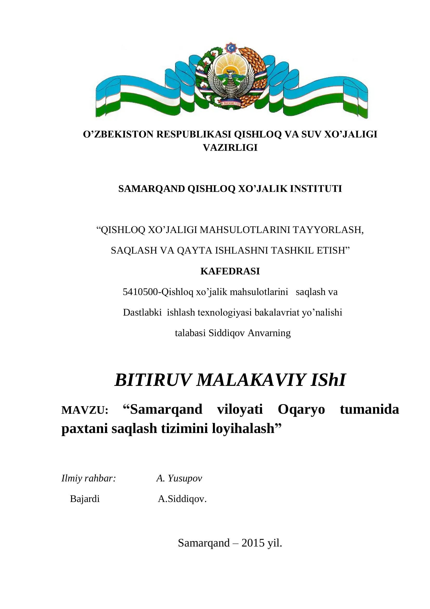 Qishloq xo'jaligi mahsulotlarini saqlash va Dastlabki ishlash texnologiyasi