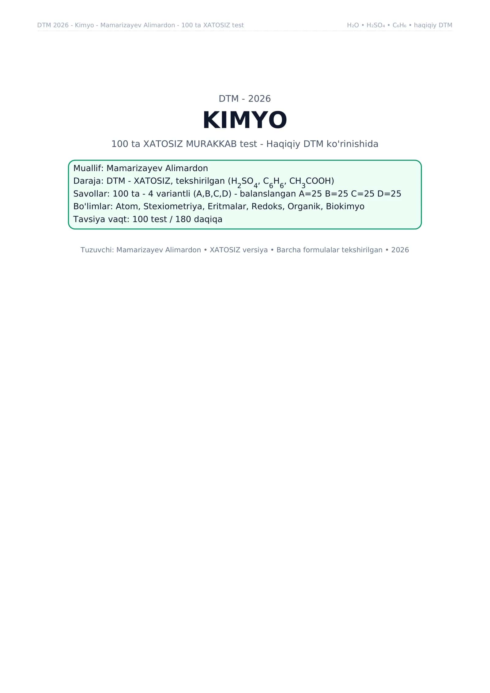 Kimyo DTM va Milliy sertifikat savollari