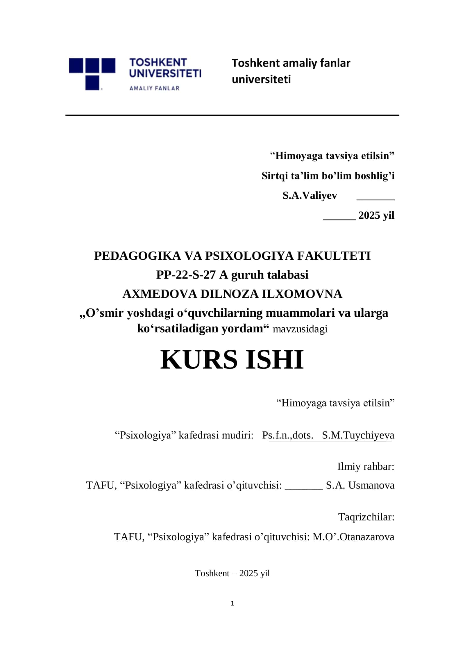 O’smir yoshdagi o‘quvchilarning muammolari va ularga ko‘rsatiladigan yordam