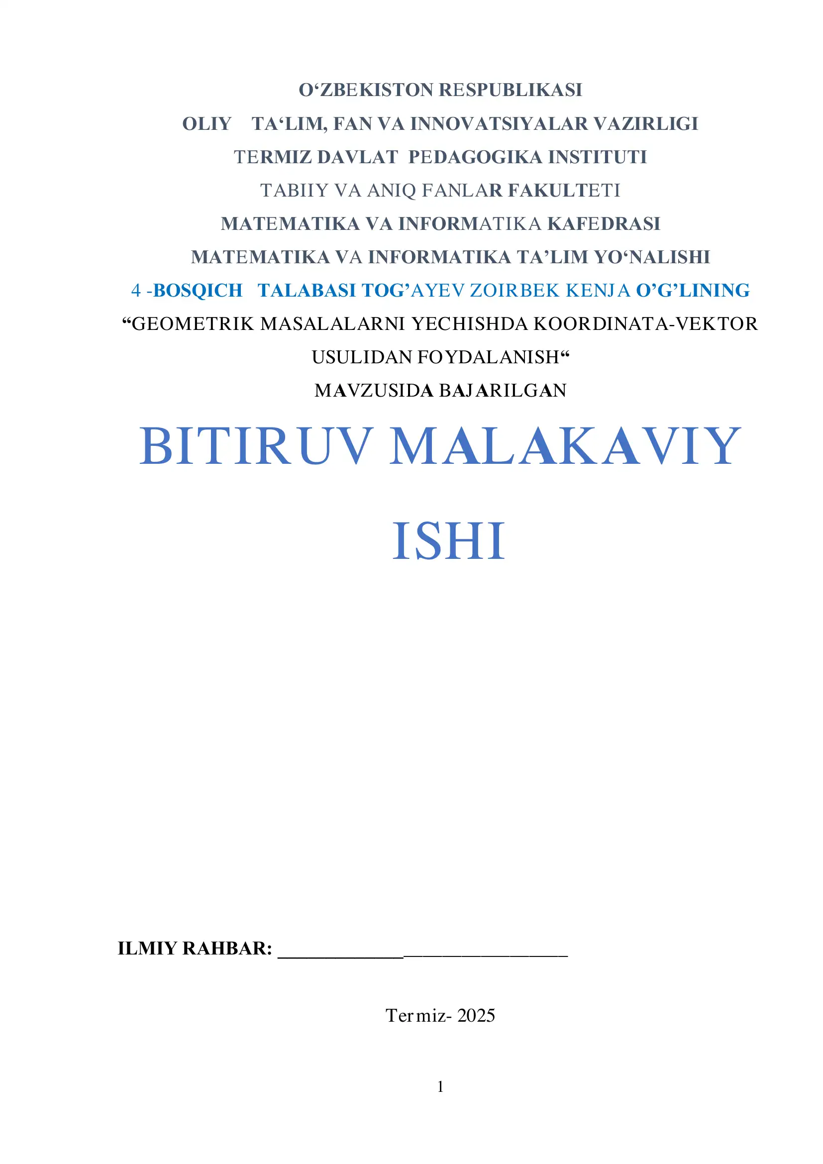 GEOMETRIK MASALALARNI YECHISHDA KOORDINATA-VEKTOR USULIDAN FOYDALANISH