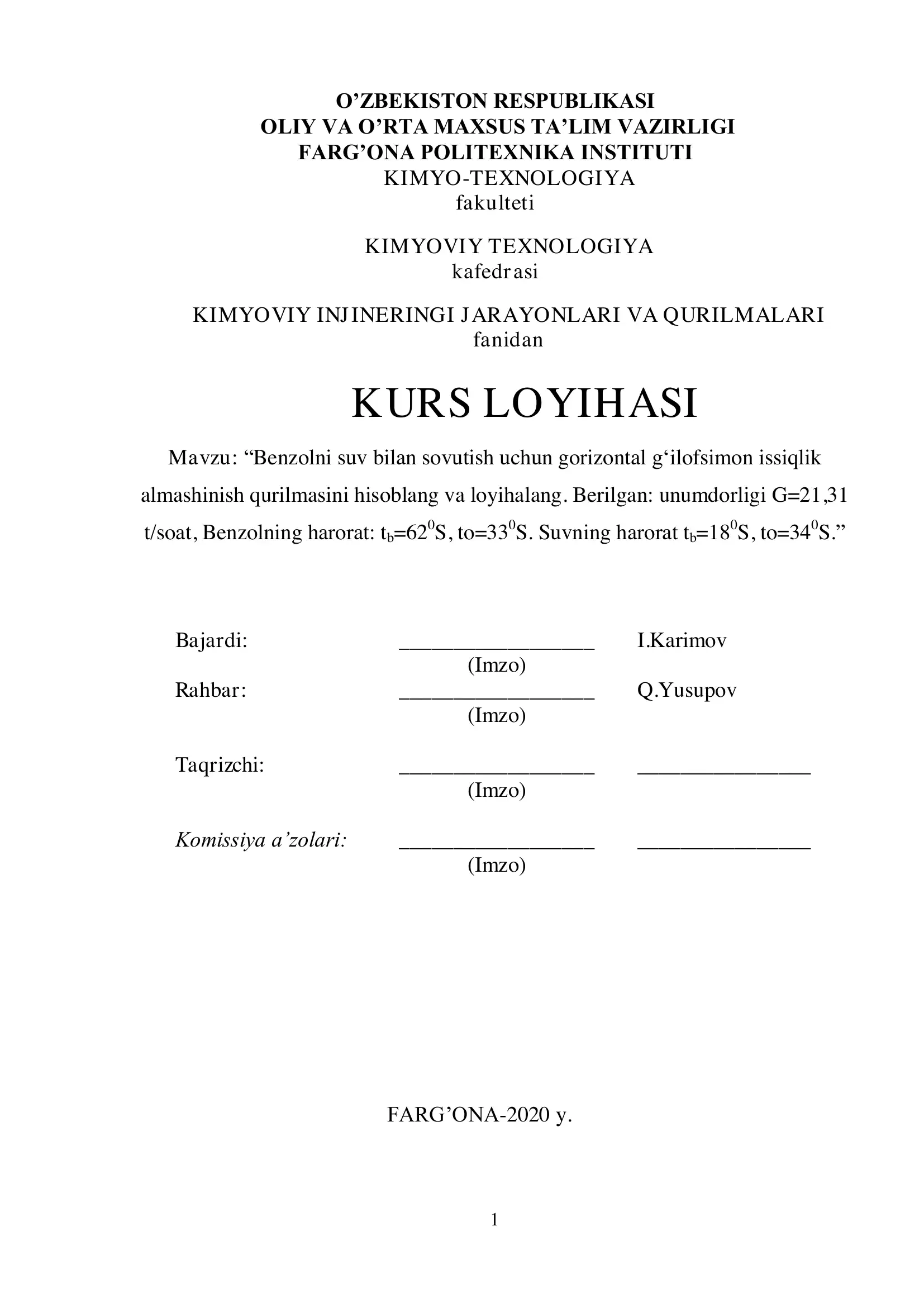 KIMYOVIY INJINERING JARAYONLARI VA QURILMALARI
