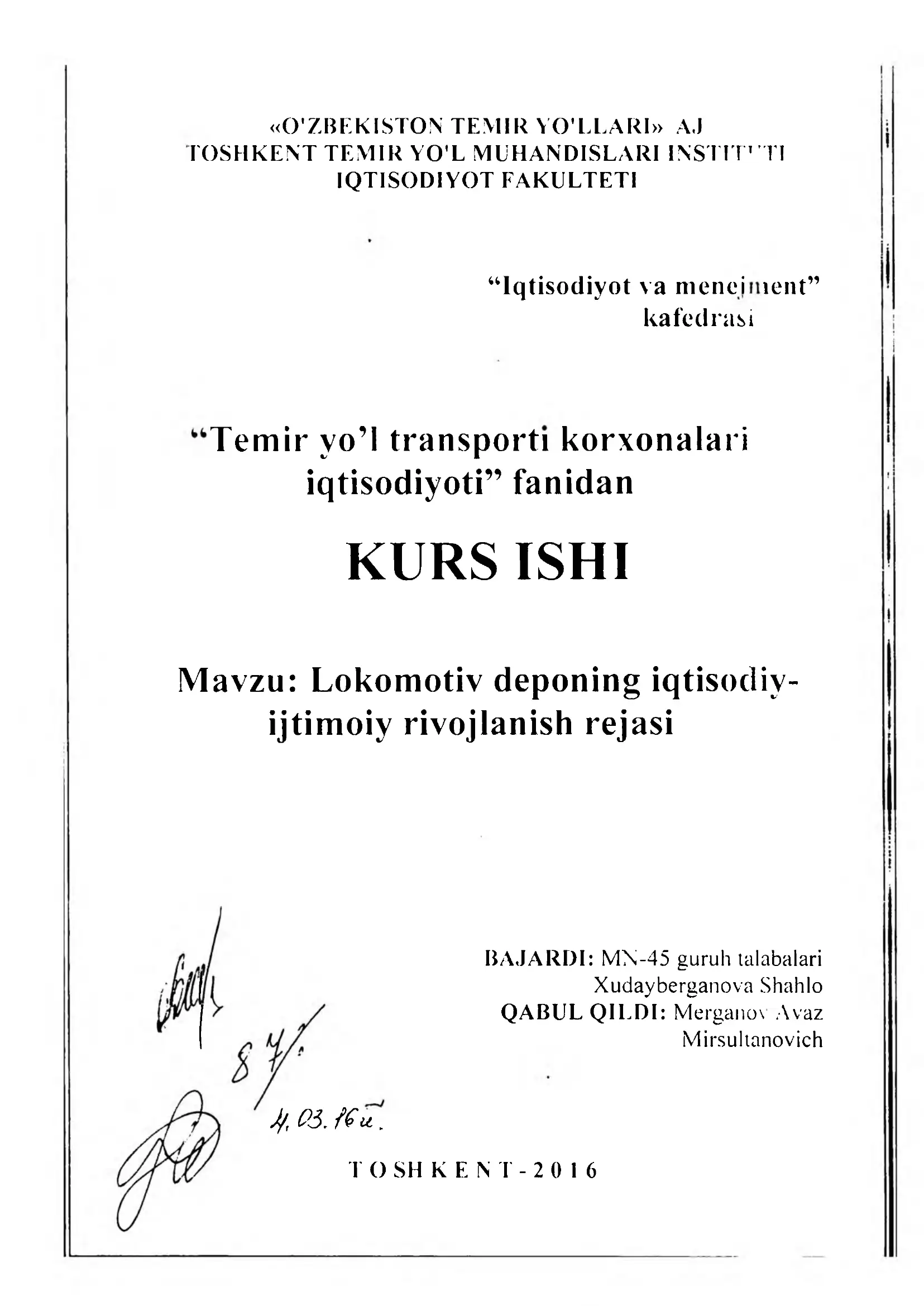 Lokomotiv deponing iqtisodiy-ijtimoiy rivojlanish rejasi