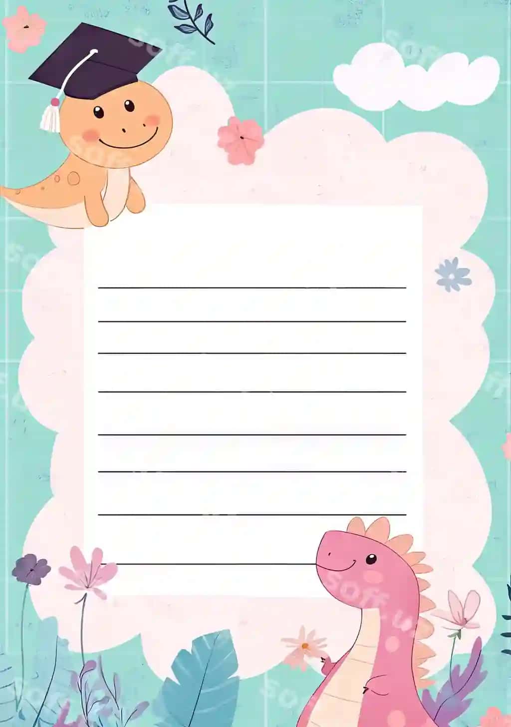 Karyatura dinozavri to'g'ri kap kiygan xat varaqi yozish chiziqlari bilan | Cartoon dinosaur wearing graduation cap letter paper with writing lines