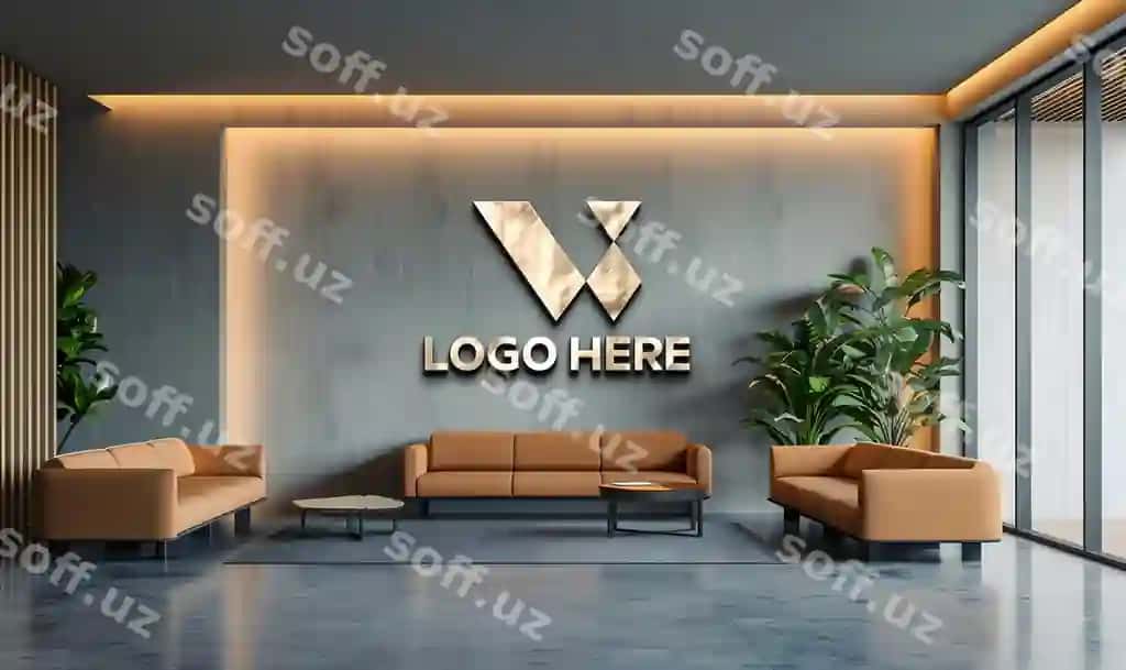 Ofis qabulxona devori oltin 3d logotip mockup biznes | Office reception area wall gold 3d logo mockup business