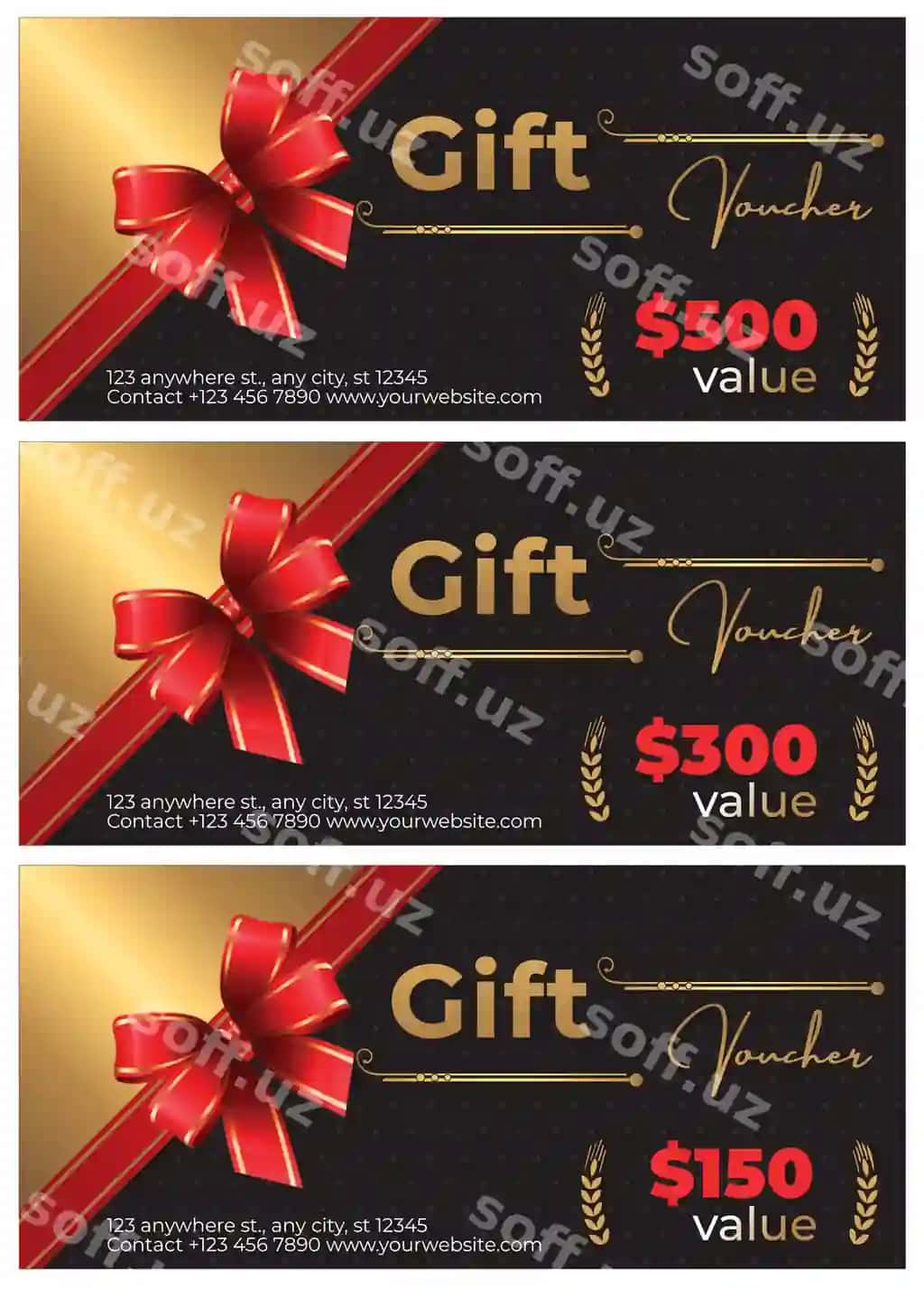 Oltin qizil oqlangan lentali sovg'a kuponi | Gold red elegant ribboned gift voucher coupon