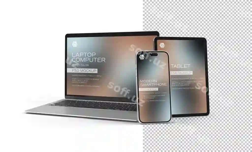 Mobil telefon noutbuki planshetining oq fon maketi | Mobile phone laptop tablet white background mockup