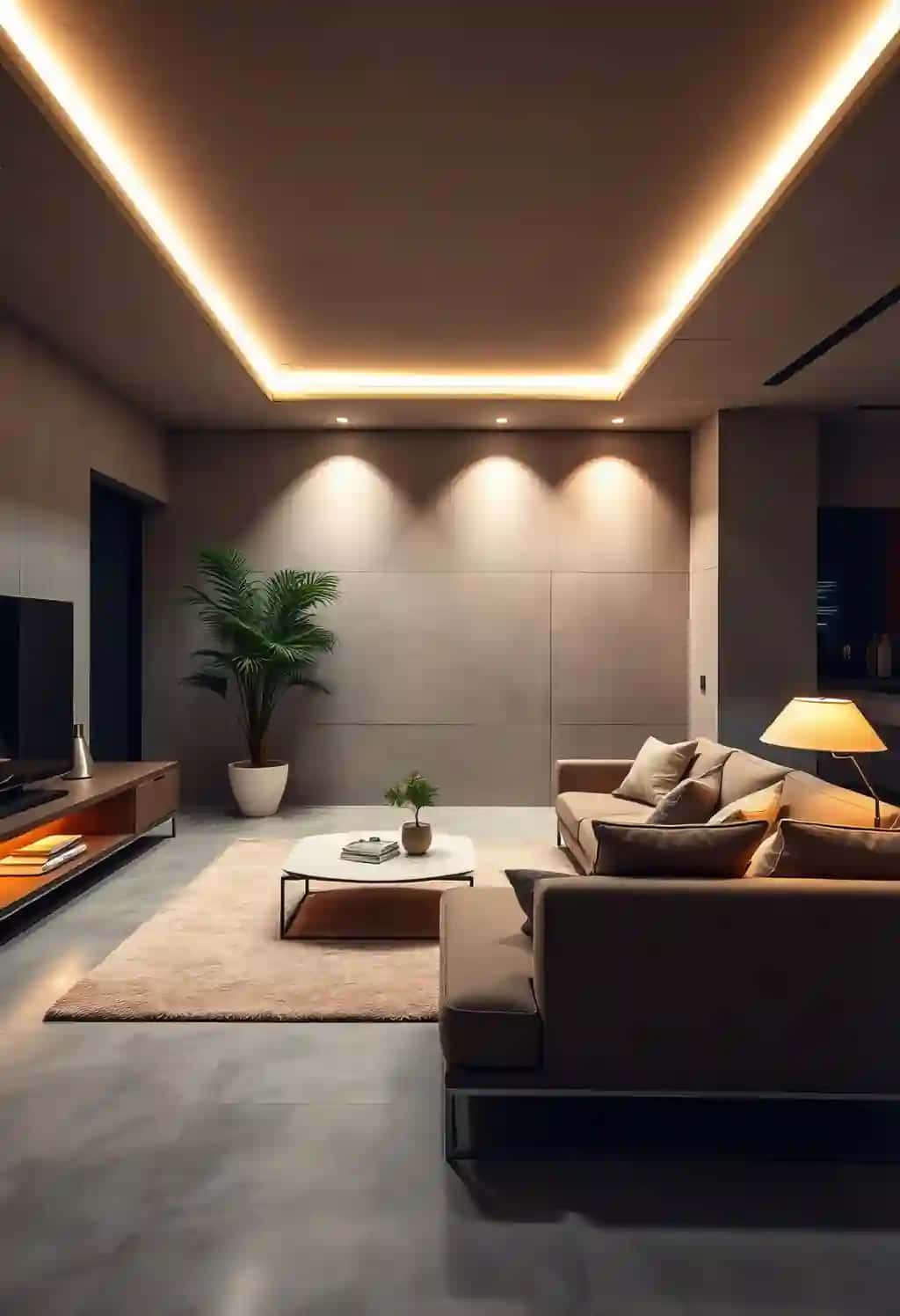 Ajoyib zamonaviy minimalist yashash xonasi beton devorlari porlayotgan chiroqlar kechasi | Stunning modern minimalist living room concrete walls glowing lights night