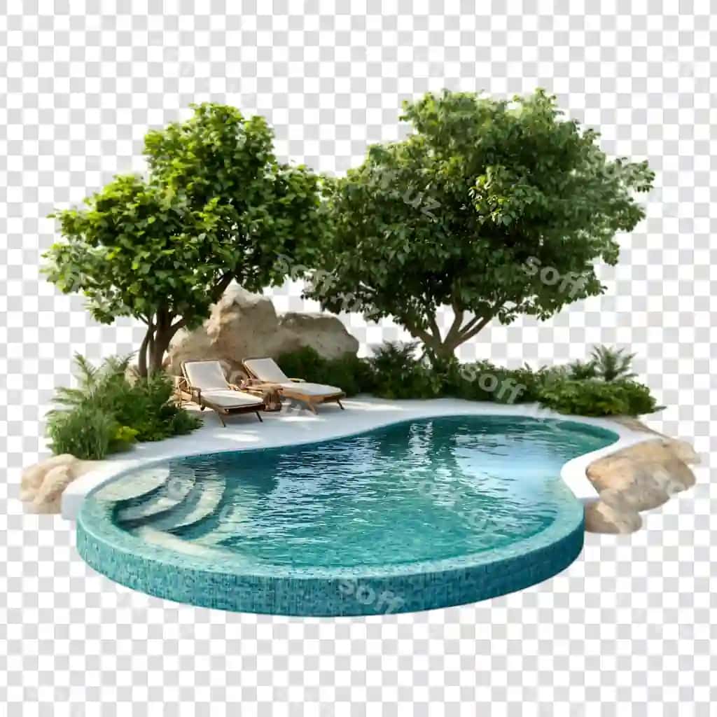 Daraxtlar butalari bilan suzish havzasi | Swimming pool with trees bushes