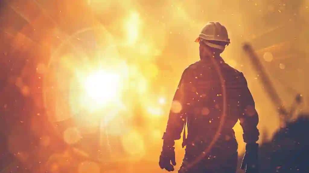 Qurilish ishchisi silueti yorug'lik bilan yorqin quyosh qarshisida turibdi | Construction worker silhouette standing against bright radiant sun with light