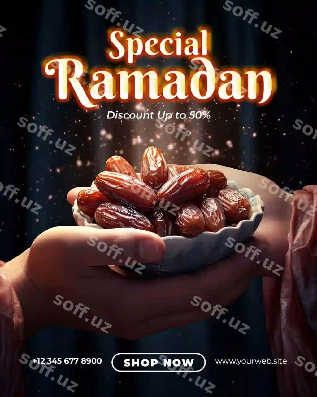 Ramadan aktsiyasi uchun poster shabloni, insonlar qo'llari intilmoqda. | Ramadan sale poster template with persons hands reaching towards