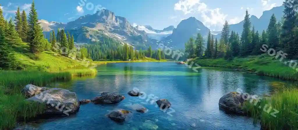 Tinch to'pka ko'li shaffof kristall suv bilan, ko'plab yashil yerlar orqali o'rta o'tgan, qimoy to'plari, quyoshli kundalik osmon | Serene mountain lake with crystalclear water surrounded by lush greenery majestic peaks bright sunny sky