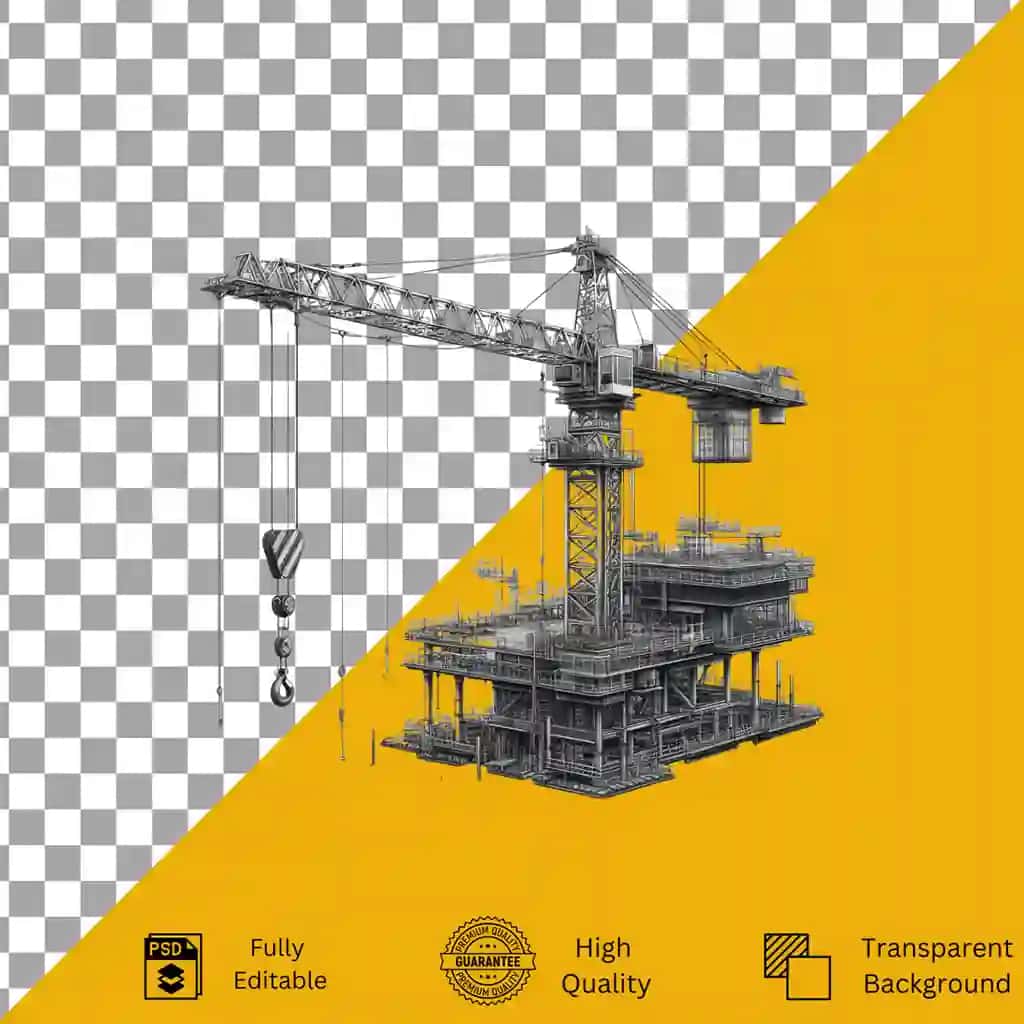 Qurilish krani po'lat nurni joyiga ko'taruvchi izolyatsiyalangan shaffof | Construction crane lifting steel beam into place isolated transparent