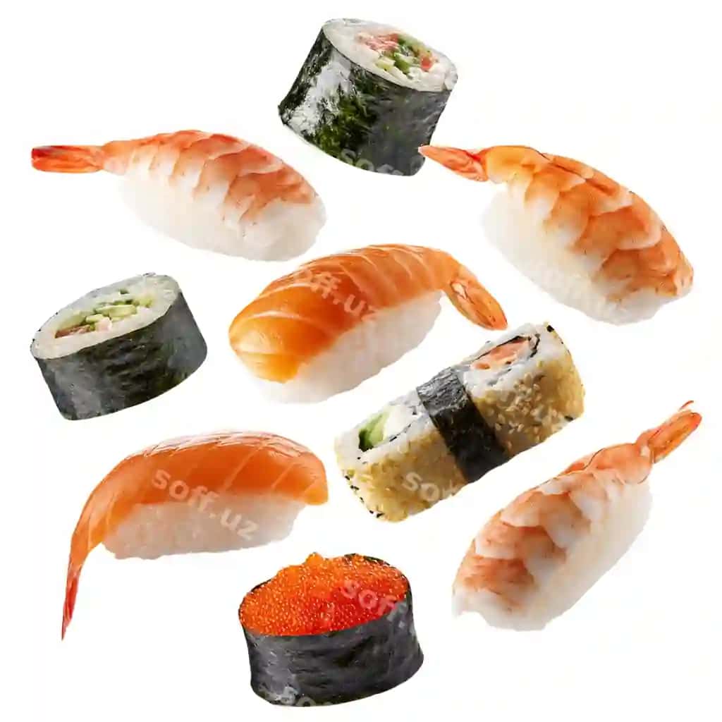 Turli xil sushi suzilayotgan ajraltirilgan oq fonda | Various sushi levitating isolated white background