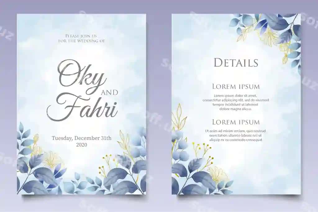 Akvarama tur taklifi gul barglari kartochka shabloni | Watercolor wedding invitation floral leaves card template