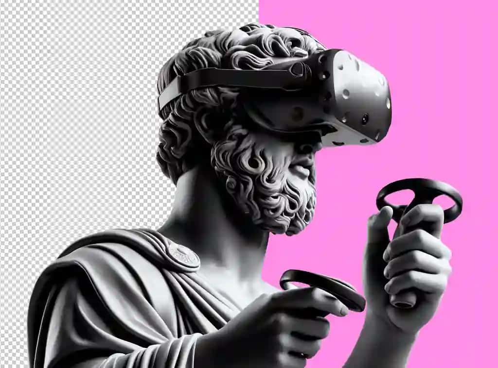 Inson haykali haykali shaffof fonda vr ko'zoynak joystiklarini o'ynaydi | Human sculpture statue plays vr glasses joysticks transparent background