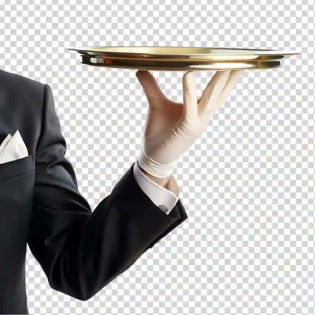 Butlerning qo'lqopli qo'li kumush laganda shaffof fonni ushlab turibdi | Butler s gloved hand holding silver tray transparent background