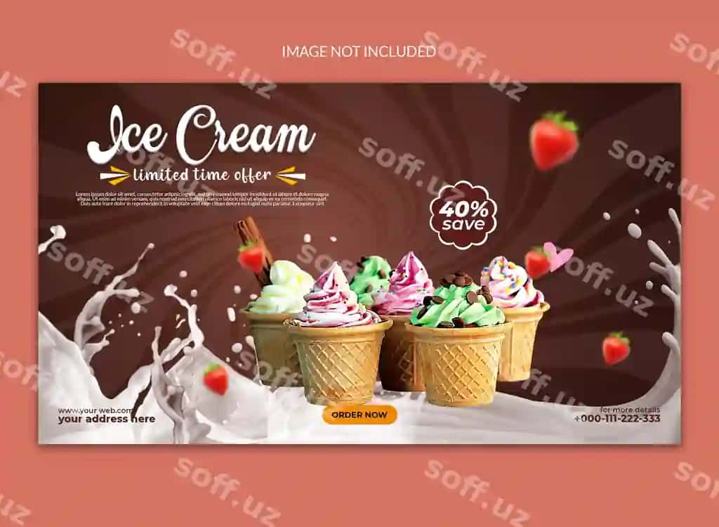 Mazali muzlat ijtimoiy tarmoqlar veb baner dizayni | Delicious icecream social media web banner design
