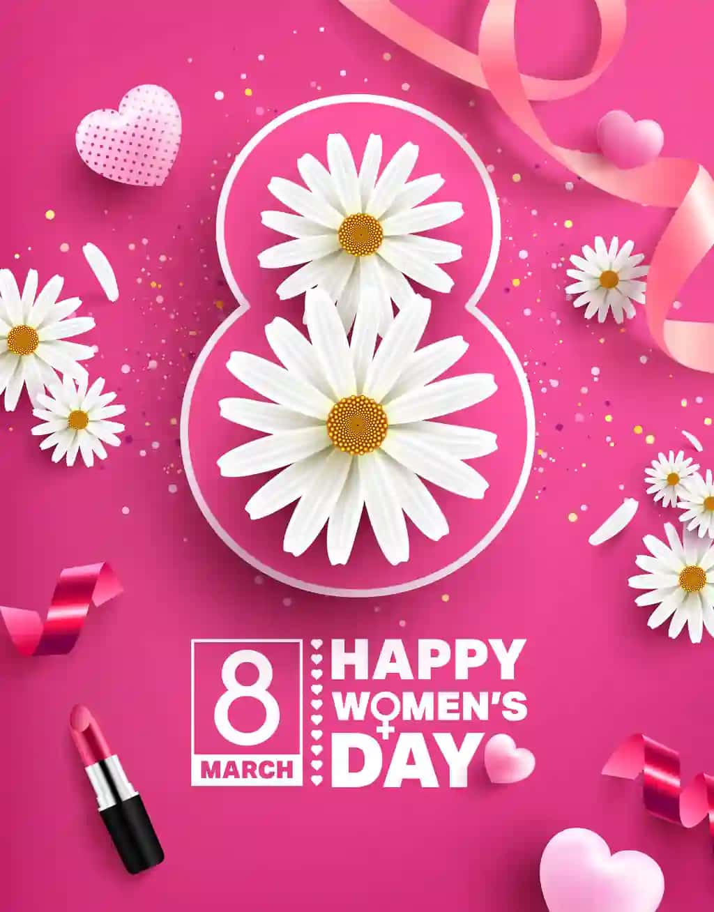 8 mart ayollar kuniga bag'ishlangan plakat, gulli shirin yurak lentalari lab bo'yog'i | 8 march women s day poster with flower sweet hearts ribbons lipstick