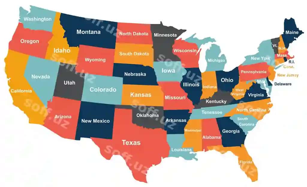 Rangli AQSH xaritasi viloyatlari bilan | Colorful usa map with states