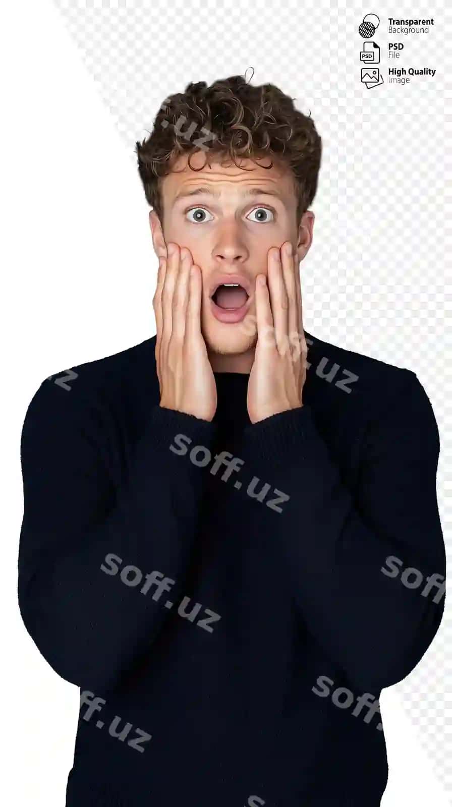 Shaffof fonda yuzini ushlab turgan hayratda qolgan yosh yigit ko'k rangli sviter | Shocked young man navy sweater holding face transparent background