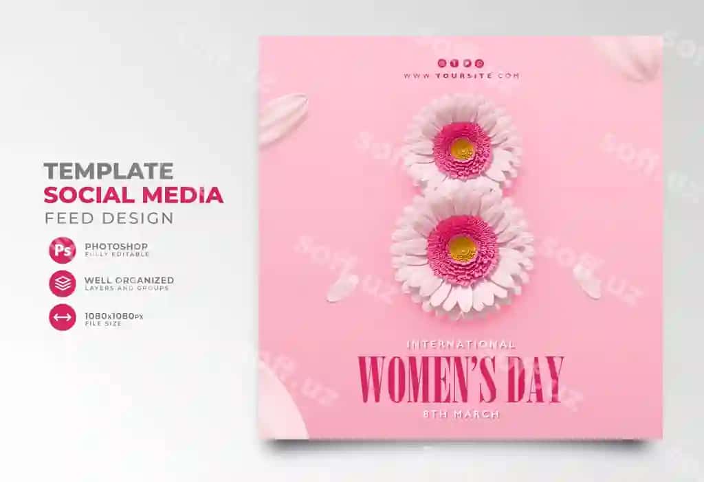 Xalqaro ayollar kuni uchun ijtimoiy tarmoqlar posti: gul 3D render karikatura | International womens day post social media flower 3d render cartoon