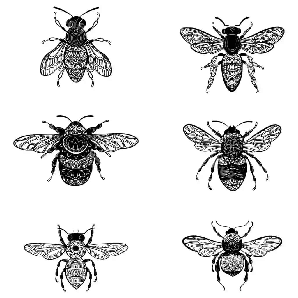 Zentangle tarzi kollektsiyasi asal komplekti ornamentlar bilan uchadigan | Set bees zentangle style collection flies with ornaments