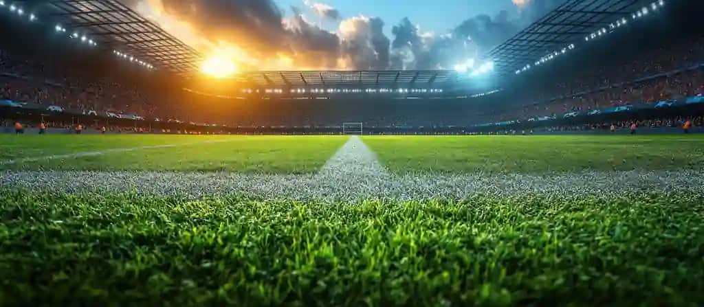 To'liq stadiondagi futbol maydonining ajoyib quyosh botishi manzarasi | Dramatic sunset view soccer field full stadium