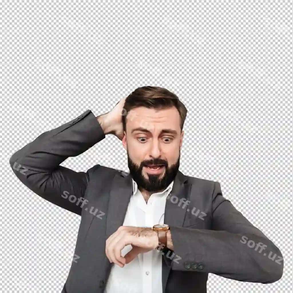 Gorizontal hayratlangan erkak soatga qarovchi so'nggisiga tegilgan | Horizontal astonished man looking wrist watch touching his head