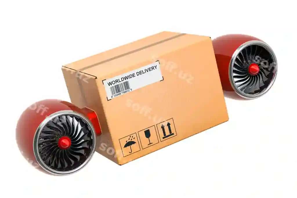Reaktiv dvigatelli posilka tezkor yetkazib berish konsepsiyasi 3D renderlash | Parcel with jet engines fast delivery concept 3d rendering