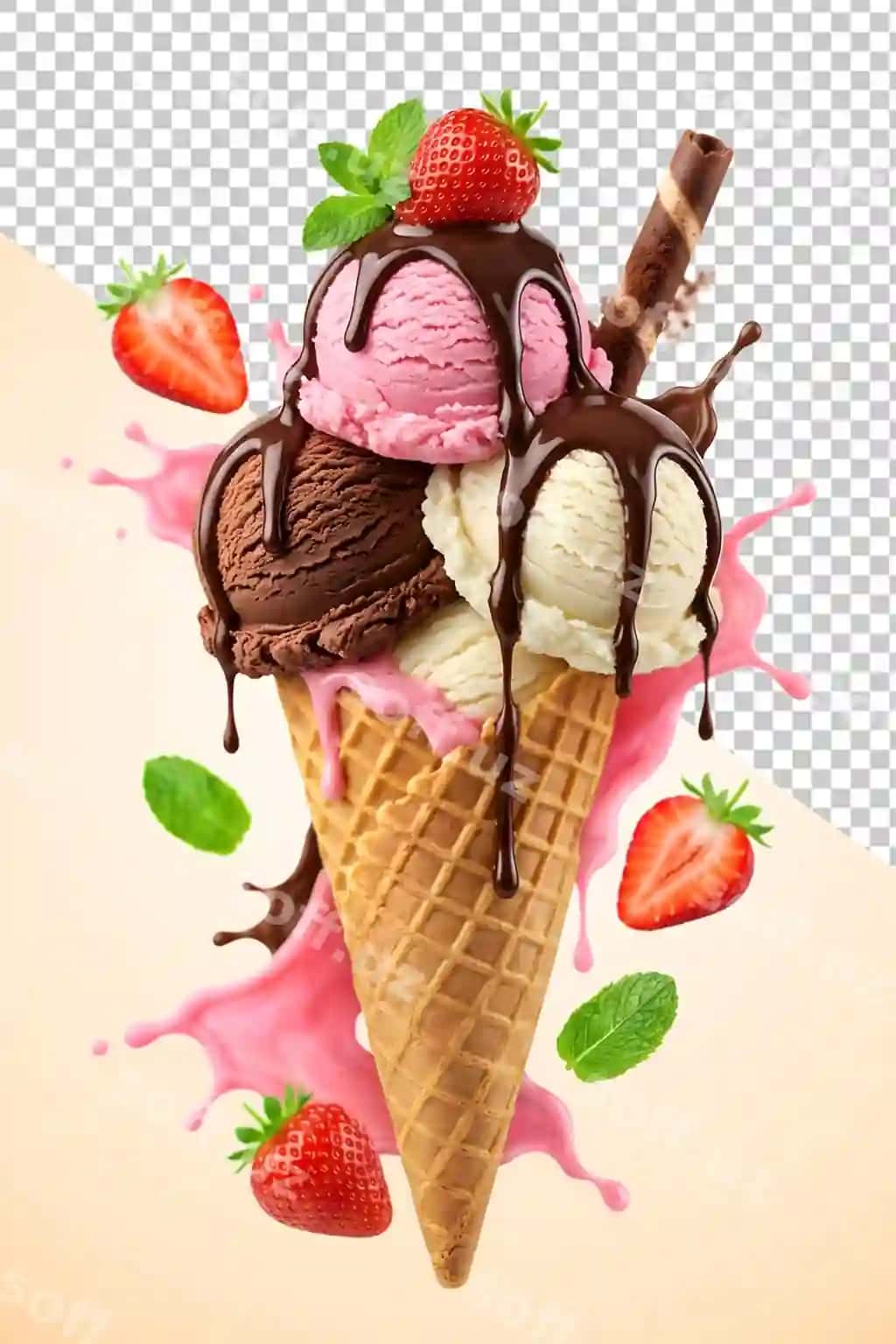 Mazali muzqaymoq konysi shokolad sirb va taze qovoq bilan | Delicious ice cream cone with chocolate drizzle fresh strawberries