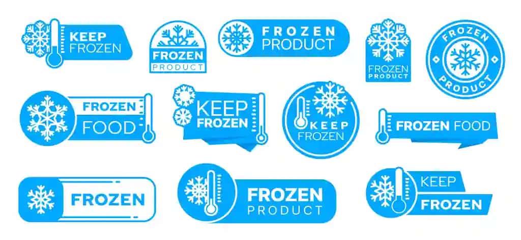 Moviy muzlatilgan sovuq mahsulot piktogrammalarida nishonlar | Blue frozen cold product icons labels badges