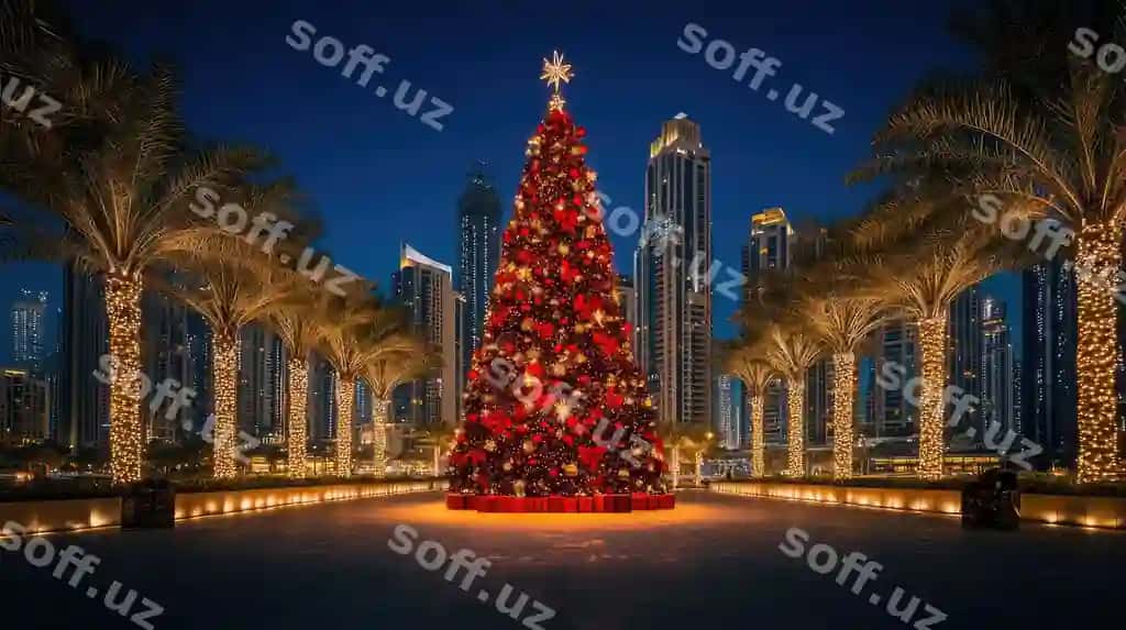 Bayramlik Yangi yil aroosi shahar landshtigi tun | Festive christmas tree urban landscape night