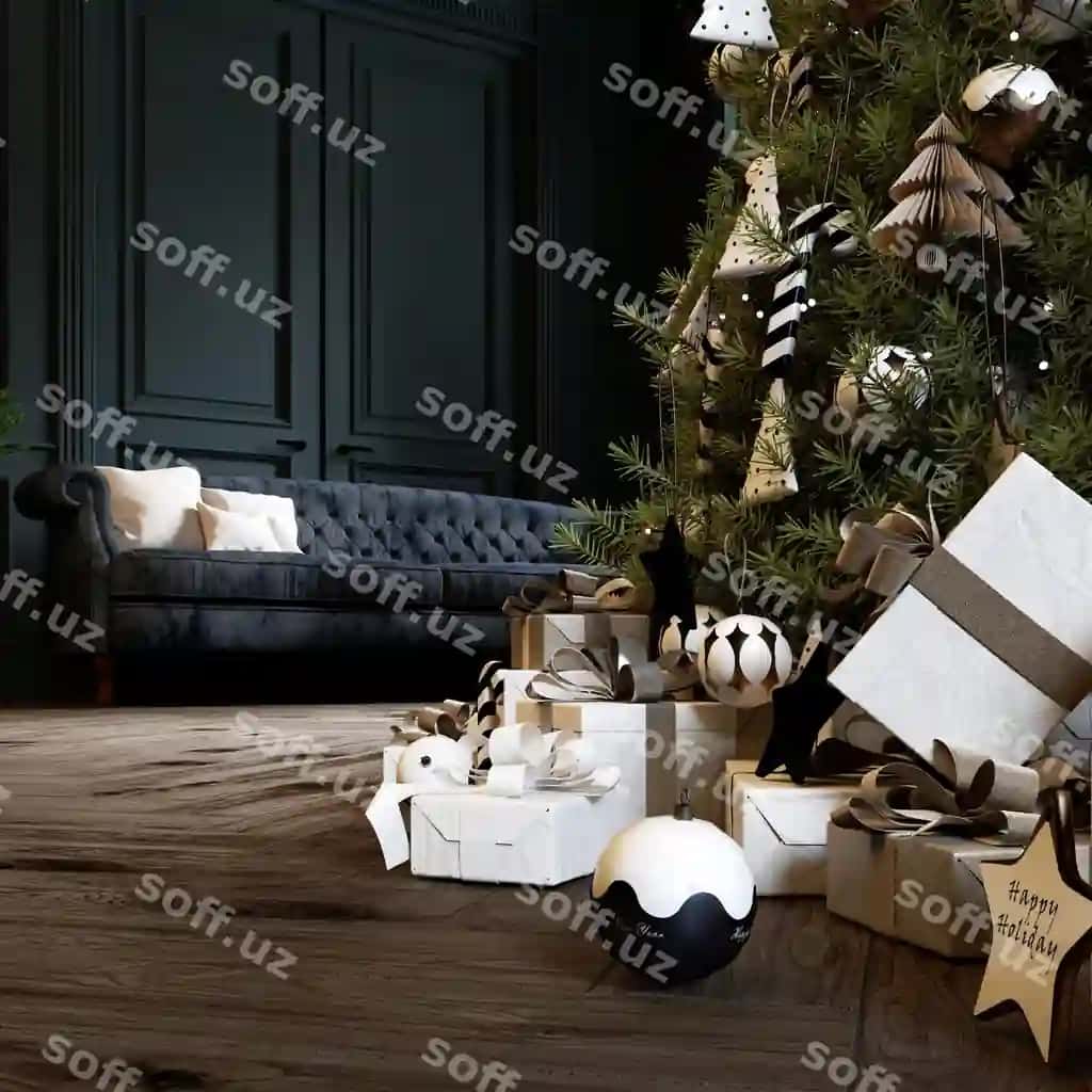 Yelcho davri otexiloxona ichki 3D render | Christmastime living room interior 3d rendering