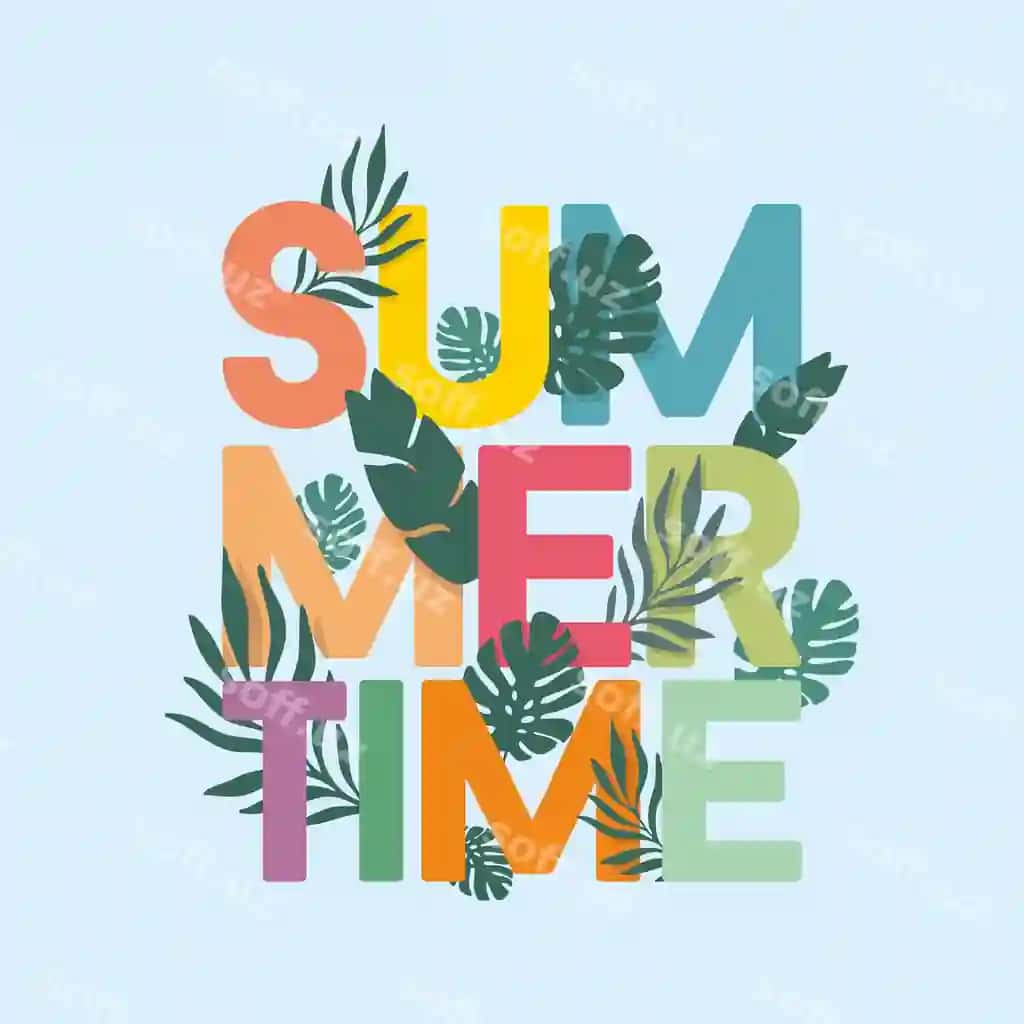 Moviy fonda tropik barglari bilan rangli yoz matni | Colorful summertime text with tropical leaves blue background