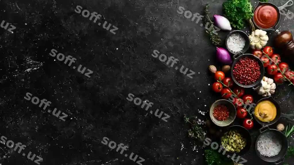 Fon pishirish ziravorlari sabzavotlar yuqori ko'rinish bo'sh joy matningiz | Background cooking spices vegetables top view free space your text