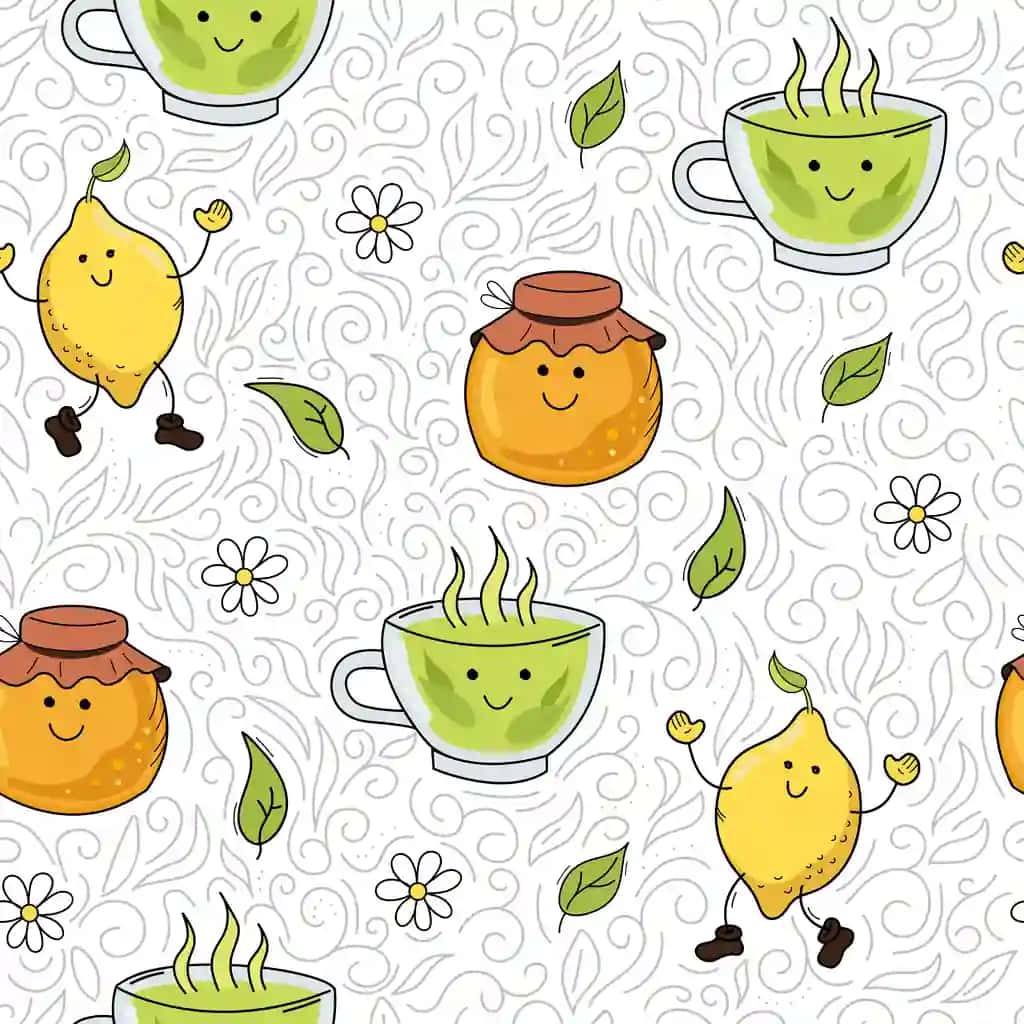 Limon asal yashil choy yoqimli doodle choksiz naqsh kulgili multfilm | Lemon honey green tea cute doodle seamless pattern funny cartoon