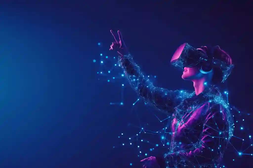 Ayol virtual reallik ko'zoynagi virtual haqiqat deb yozilgan ekranga qaramoqda | Woman virtual reality glasses is looking screen that says virtual reality
