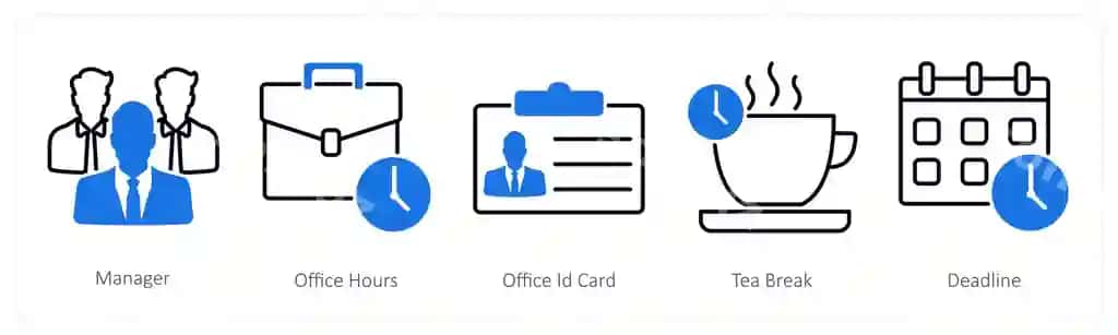 5 ta biznes ofis ikonkalarini menejer ofis soatlari, ofis identifikatsiya kartasi sifatida oʻrnatish | Set 5 business office icons as manager office hours office id card