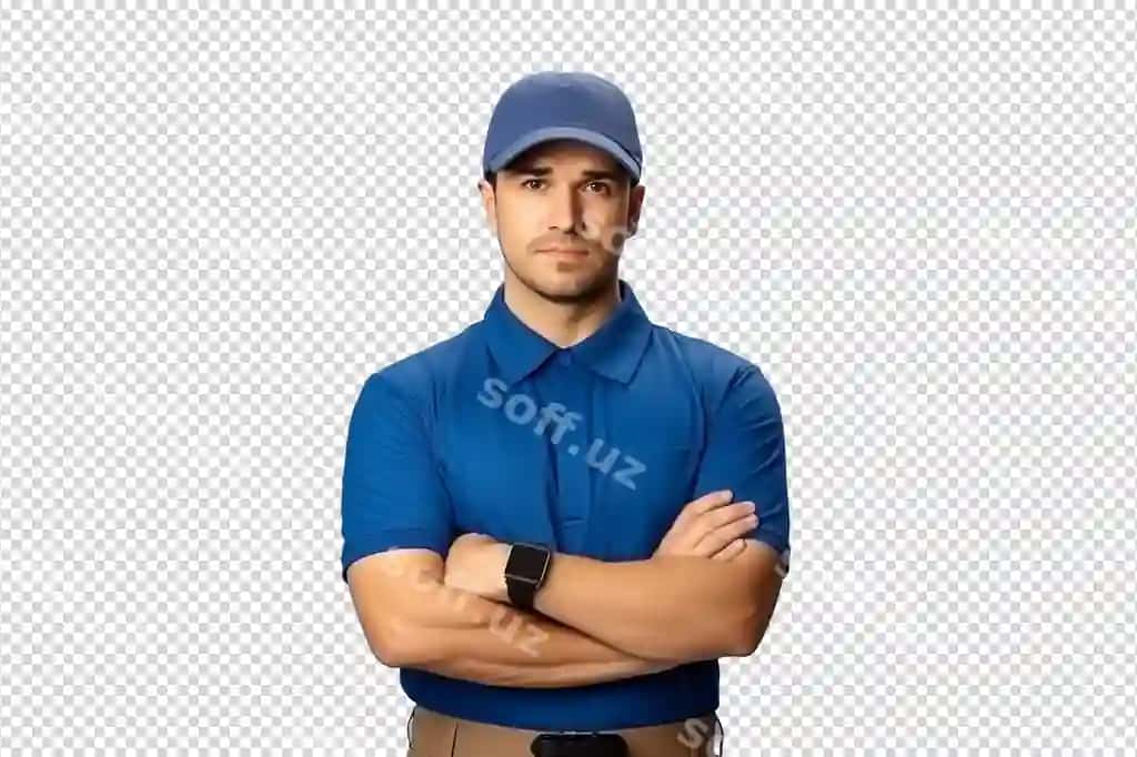 Yosh chiroyli yetkazuvchi ko'k univorma shapka ajralangan shaffof | Young handsome delivery man blue uniform cap isolated transparent